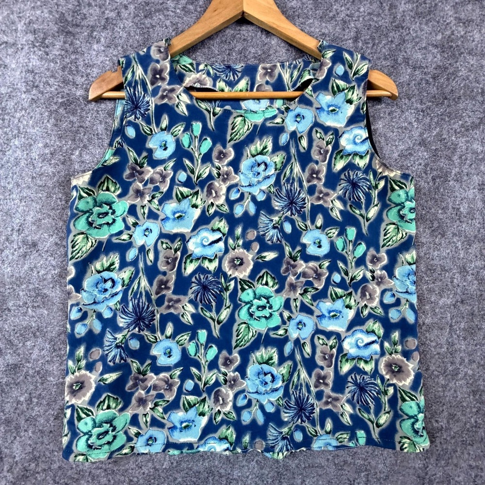 Coastal Chic Women Tank Top Blue Green Floral Resort Casual Summer Wear Beach